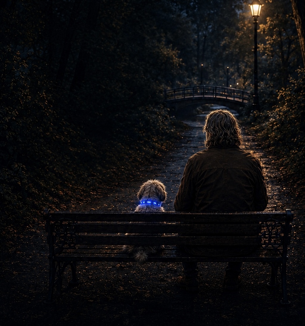 Allen and Buddy on a park bench at dusk